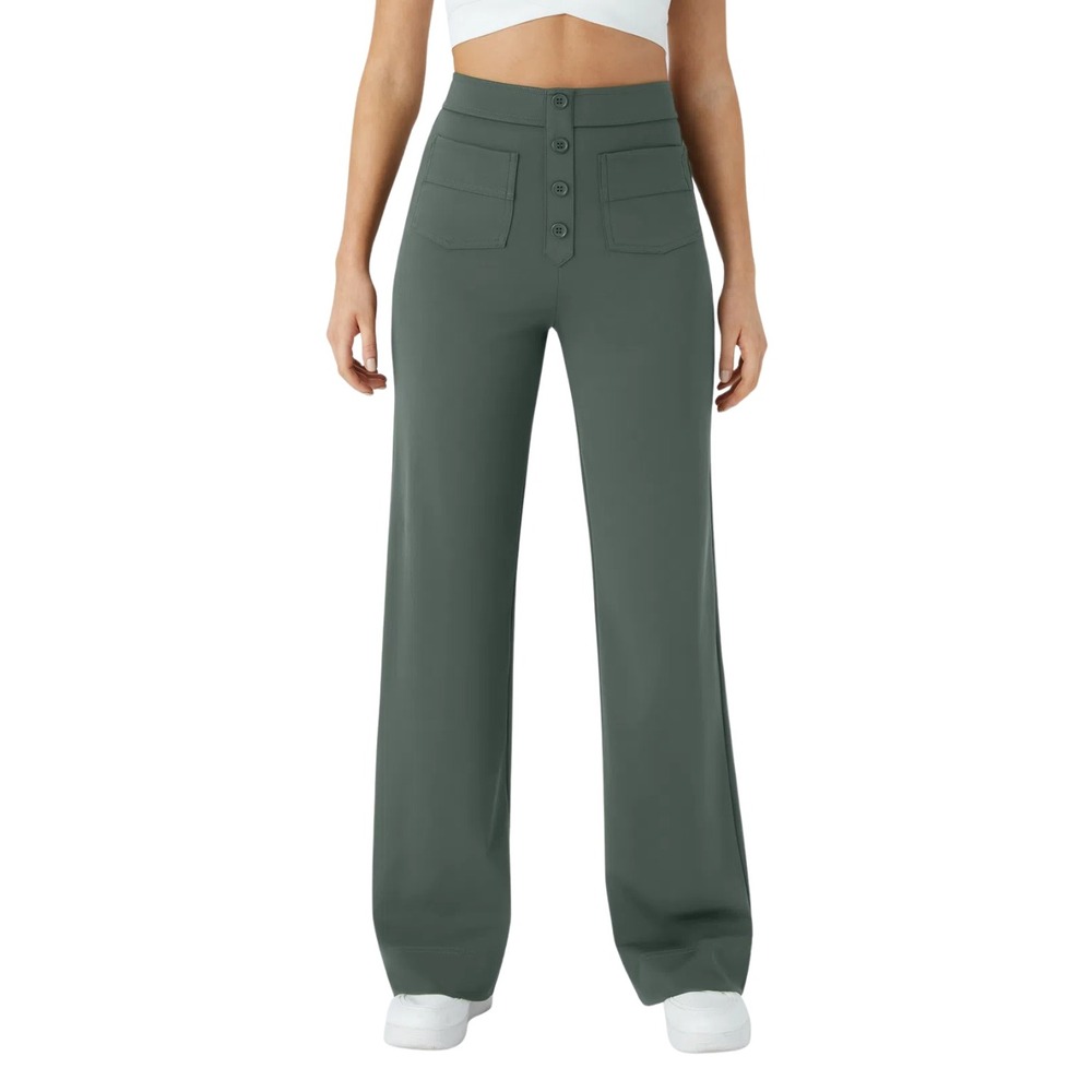 Halara Pants Medium Petite Sage Green High Waisted Button Fly Wide Leg Stretchy